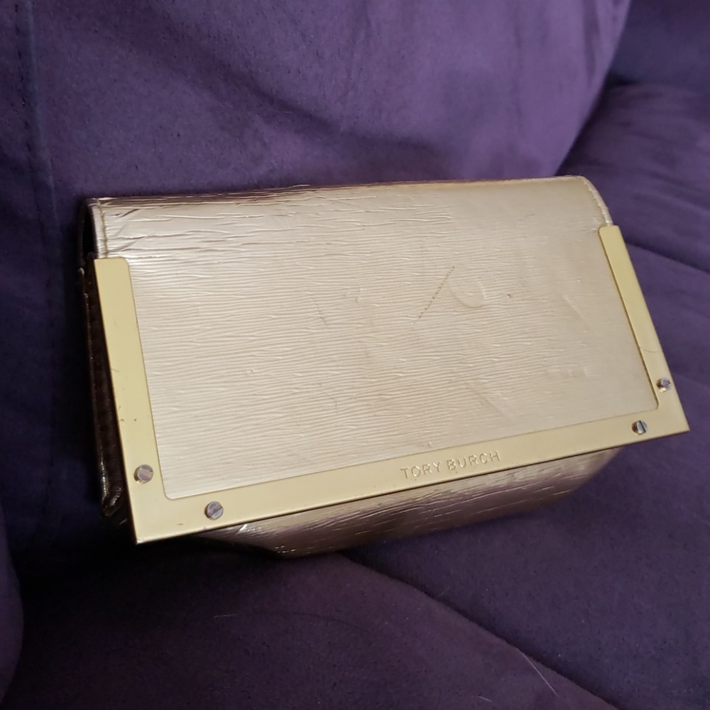 Tory Burch metallic gold flap sunglass case